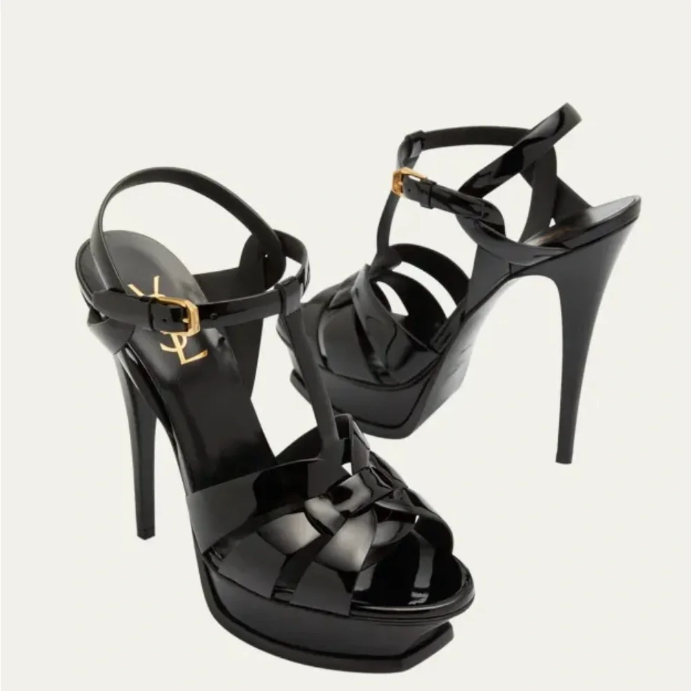 Yves Saint Laurent Women's Tribute Black Patent T-Strap Platform Sandals - Picture 7 of 17